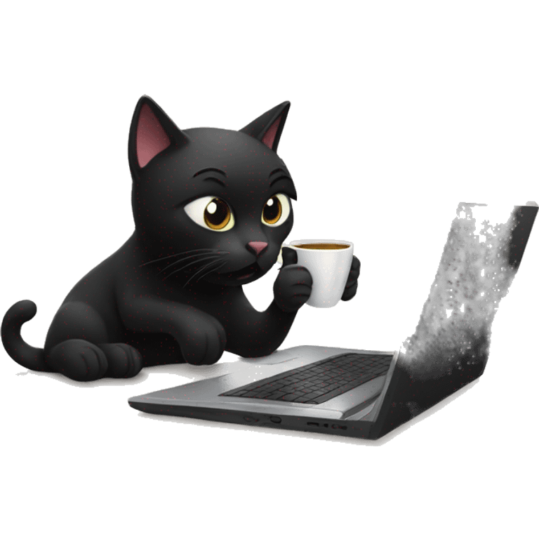 black cat confusing on the computer and drinking coffee emoji