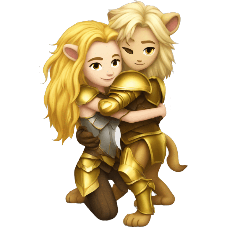 A lion leonin with golden armor hugging a female blonde elf  emoji