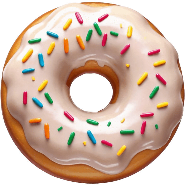 Cinematic Realistic Donut Dessert Emoji, depicted as a fluffy glazed donut with colorful sprinkles rendered with detailed textures and playful, warm lighting. emoji