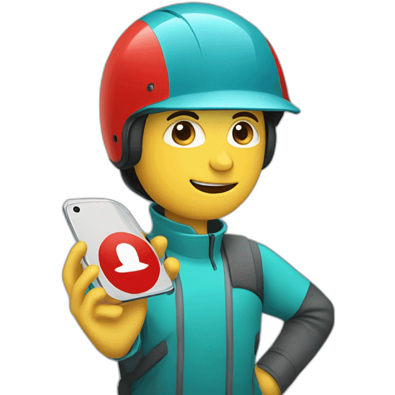 young guy with red bicycle helmet wearing a high visibility suit holding up a smart phone visibility suit emoji