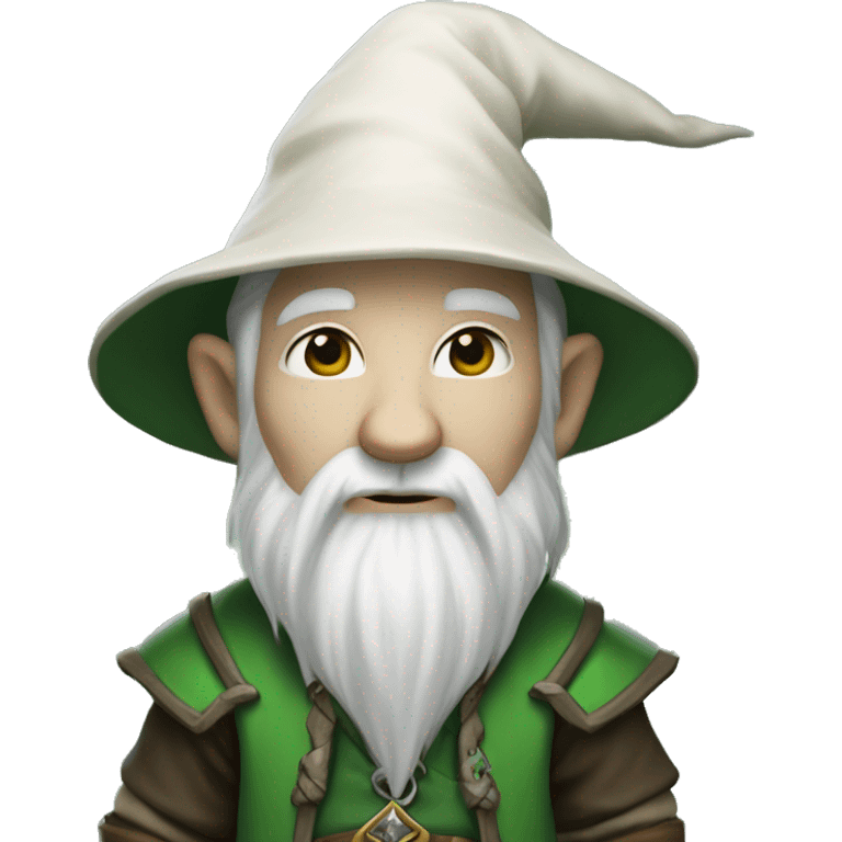 World of warcraft wizard gnome. Short white lhair, long beard (shaved in the sides), white hat, fully green outfit emoji