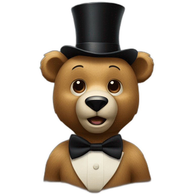 a animatronic bear with a black top hat and black bowtie and holding a microphone emoji