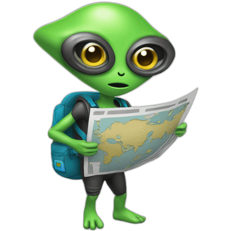 alien wearing a fanny pack and holding a map emoji