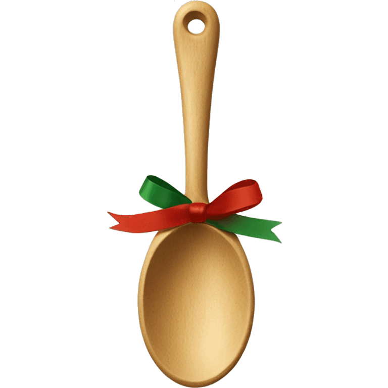 Wooden spoon decorated with a tiny red and green ribbon tied around the handle, perfect for holiday baking emoji