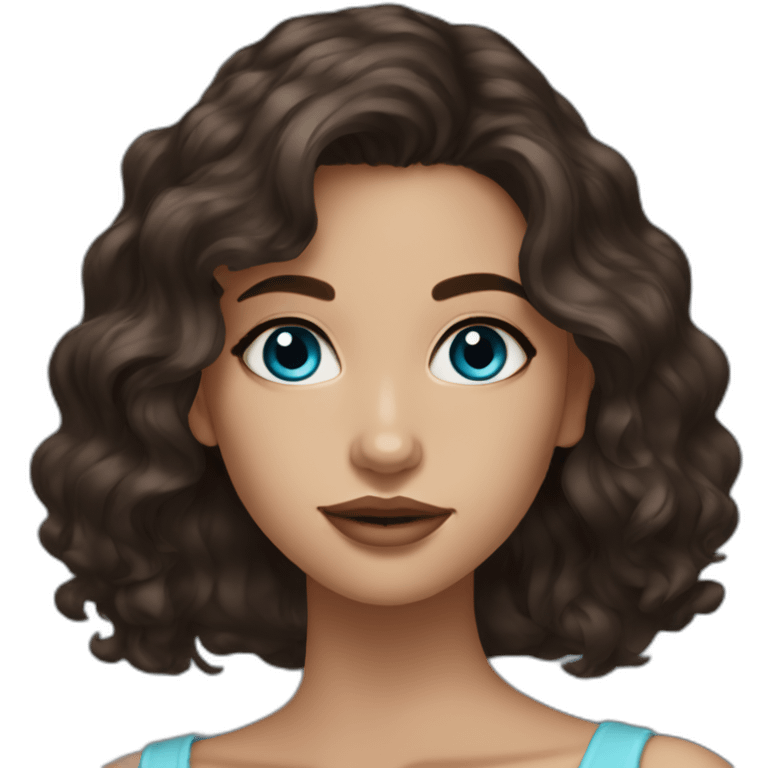 beautiful girl, blue eyes, shoulder length dark brown wavy hair, small lips emoji