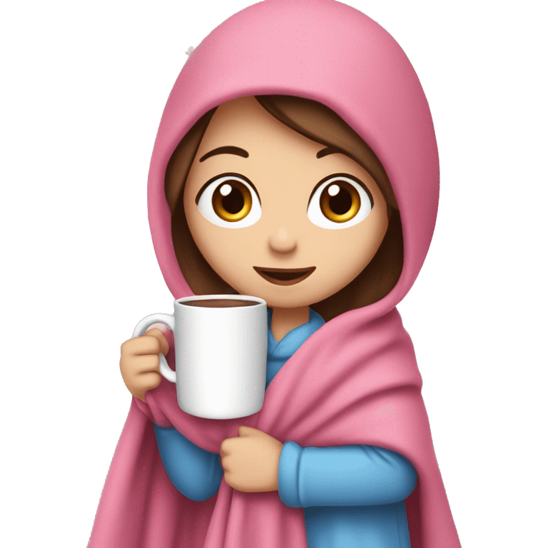 girl with brown hair and blue eyes covered in a pink blanket, drinking hot chocolate in a white mug ￼ emoji