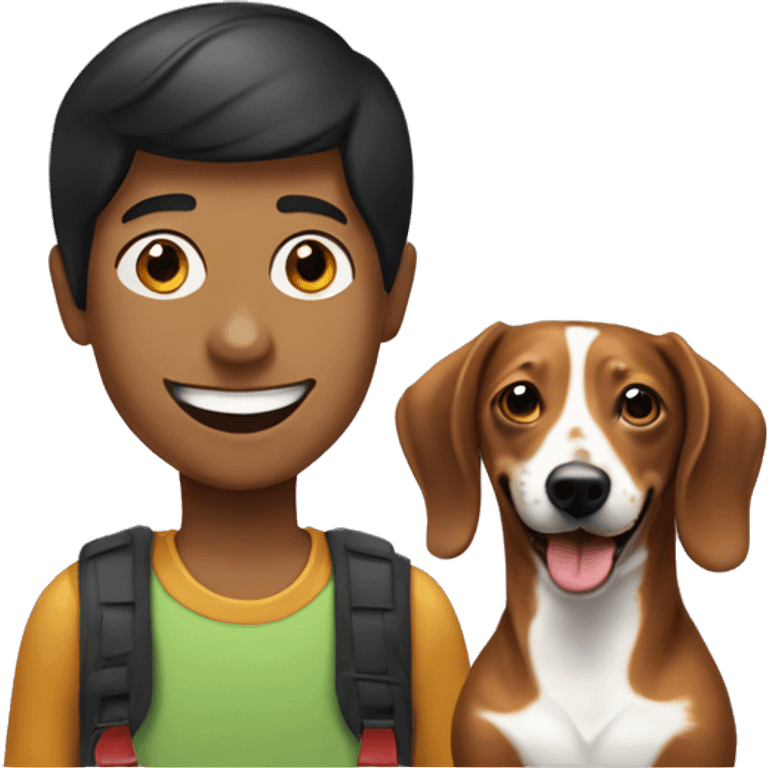 smiling boy with Weiner dog as a pet djing emoji