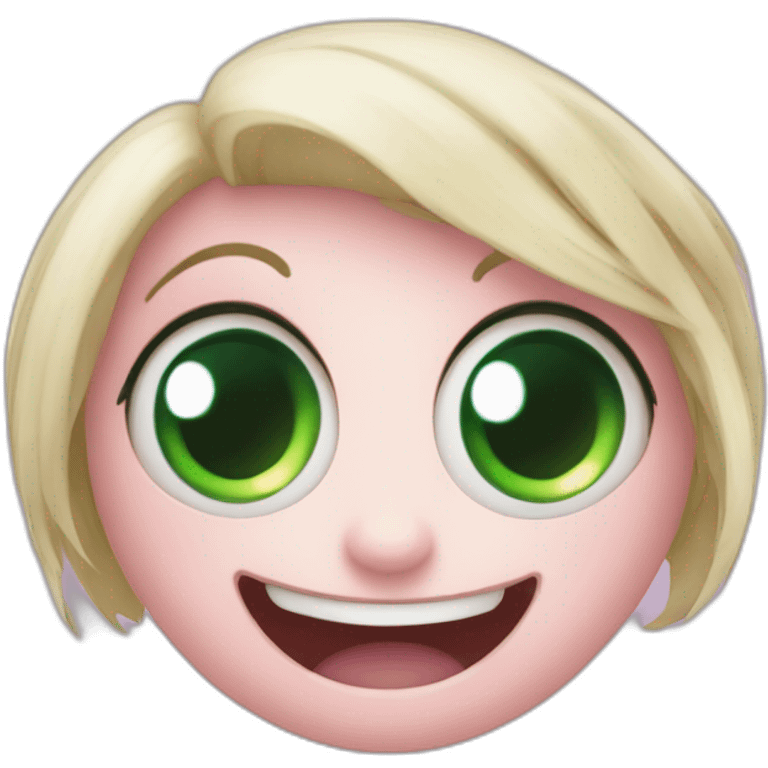 Pale face big eyes with wicked Cheshire smile ,one eye green other pink emoji