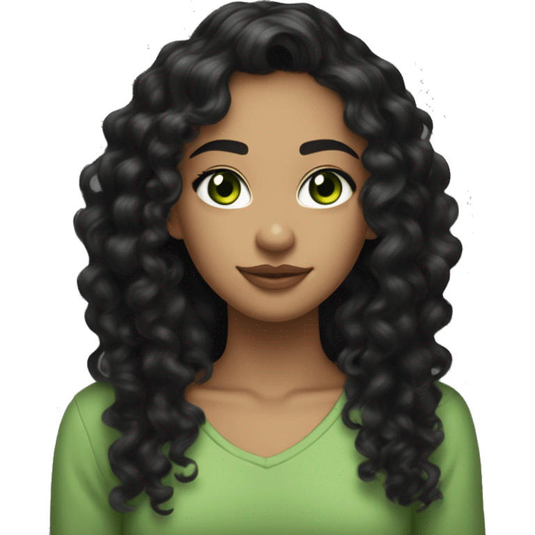 long curly black hair,eyes with a hint of green, eyes positive  canthal tilt ,medium thick shaped eyebrows , and medium thin lips, round face shape, soft jawline, full body, teen, sensual, american emoji