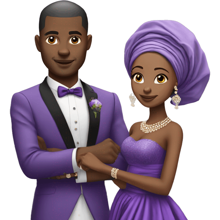 African bride and groom. Purple gele head wrap with purple off shoulder dress. No Turban emoji