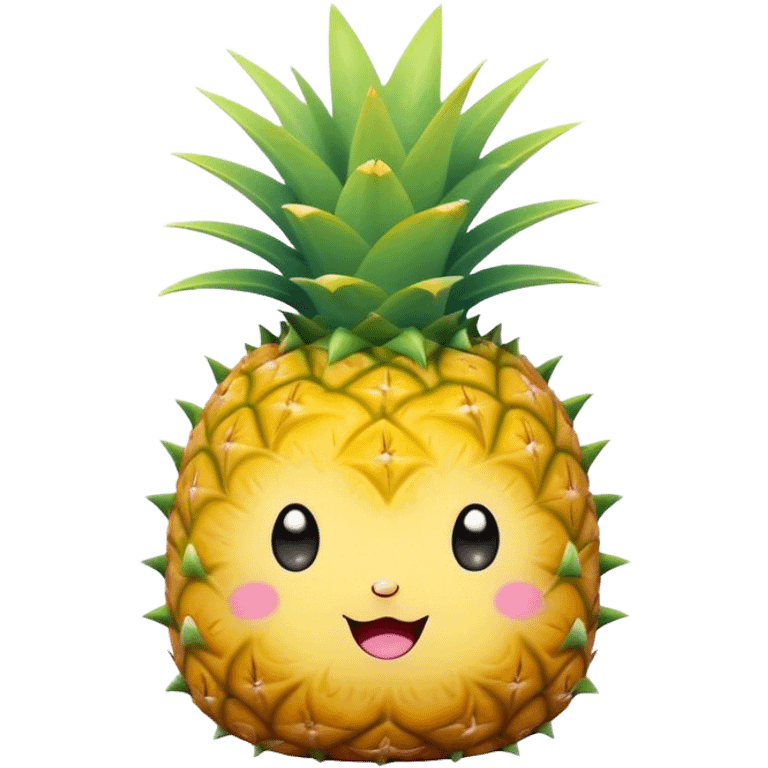 Cute Kawaii Pineapple, tiny and round, bright golden yellow with a spiky green top, chubby cheeks, playful winking expression, soft pastel textures, sweet and tropical vibes! emoji