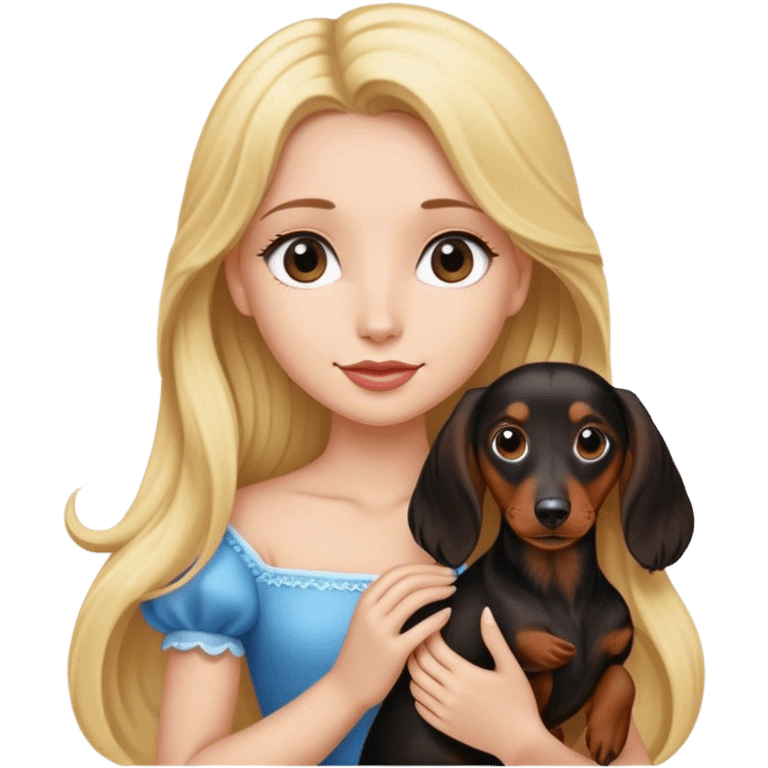 Blonde princess holding a Long haired black and brown dachshund  emoji