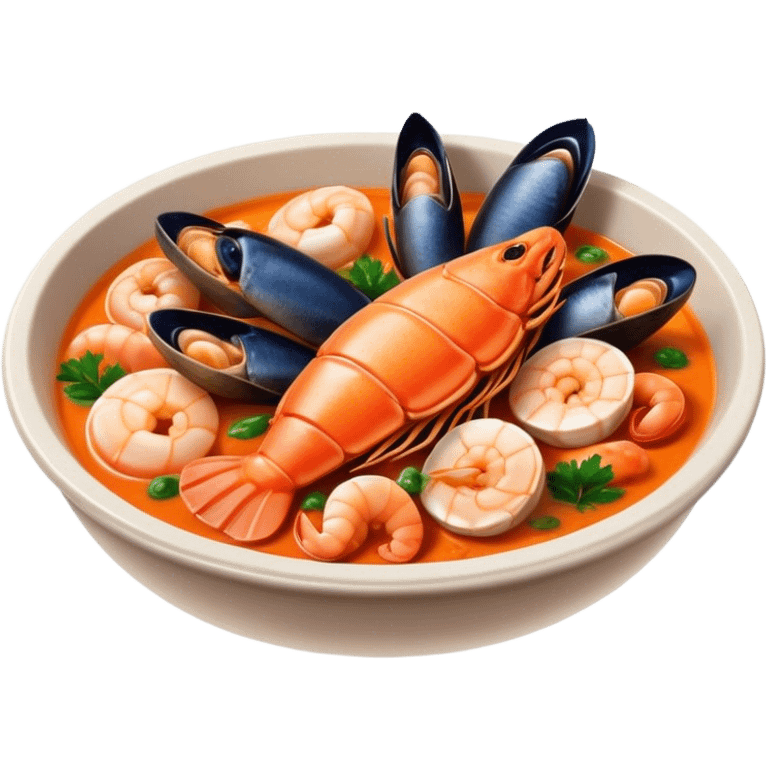 Cinematic Realistic Buzara Seafood Dish Emoji, depicted as a rustic, flavorful seafood stew with shellfish rendered with rich textures and dynamic, maritime lighting. emoji