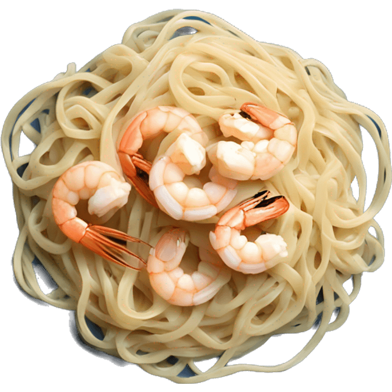 long thin linguine pasta noodles on a blue plate with white sauce and shrimp top down view emoji