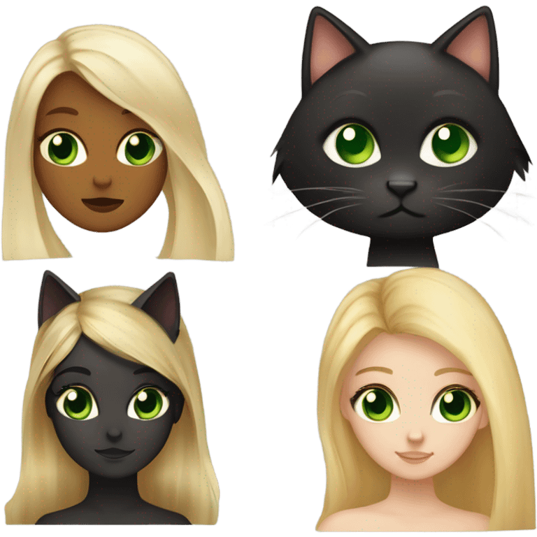 A girl with light green eyes, long blonde hair with brown roots, a black cat with green eyes on lying on her right shoulder, and a tortoiseshell cat on her left shoulder emoji