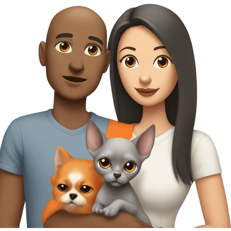 Bald man is holding a small grey sphinx cat and a woman with dark straight hair is holding a orange Pomeranian dog emoji