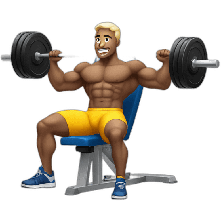 white man on a weightlifting bench, using portable computers as dumbbells instead of traditional weights, while he performs a bench press exercise with enthusiasm emoji