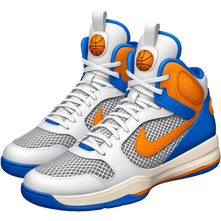 Cinematic Realistic image of a pair of basketball sneakers featuring detailed mesh and leather textures, vibrant color accents and dynamic design lines, illuminated by bold, high-energy arena lighting emoji