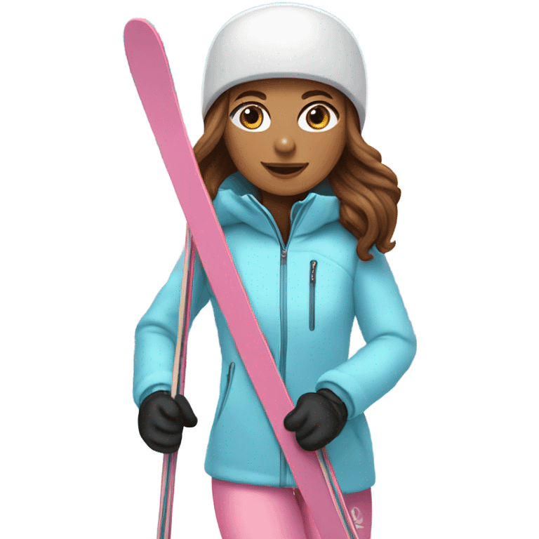 White Girl with long brown hair skiing on pink skis. Wearing a light blue coat. And a pair of white snow pants.  emoji