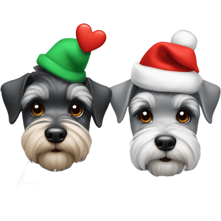 2 miniature schnauzers, 1 grey and 1 black, wearing Christmas hats with a heart emoji