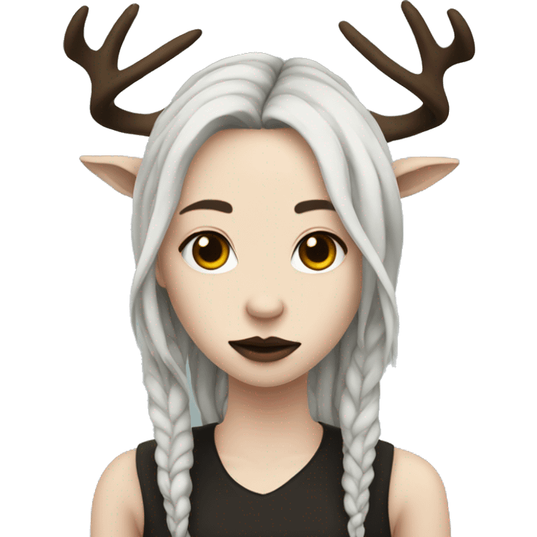 Portrait. Goth, deer girl. She has deer ears and antlers. Long brown dreadlocks. White skin emoji