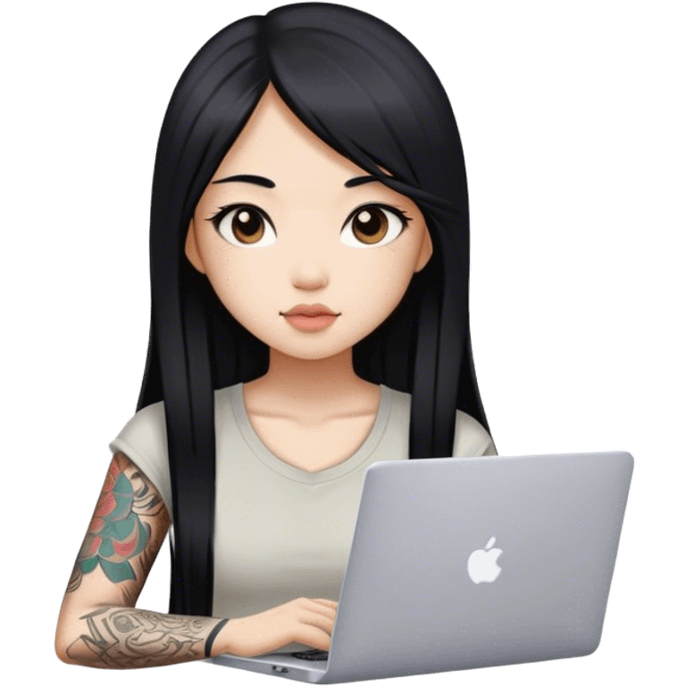 beautiful girl, with tattoos, with long black hair, straight hair, chinese, with laptop emoji