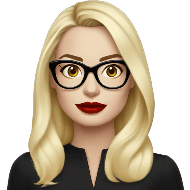 margot robbie, blue eyes, wearing black glasses and red lips  emoji