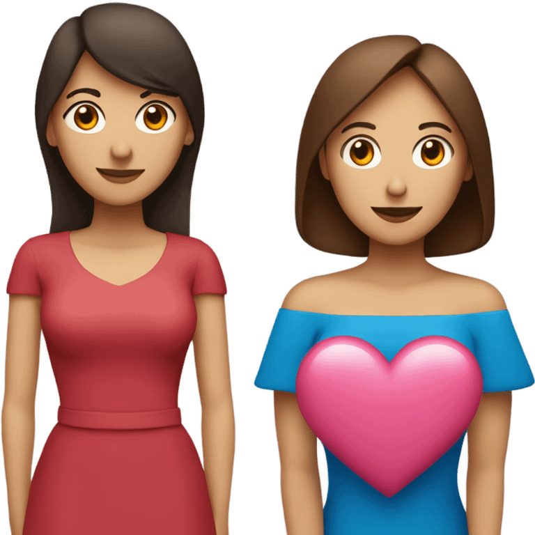 two ladies in love with a heart. the one on the left is a white lady with blue eyes and a brown bob with a pink shirt. the second is a venezuelan lady with brown eyes and dark brown hair with a red dress emoji