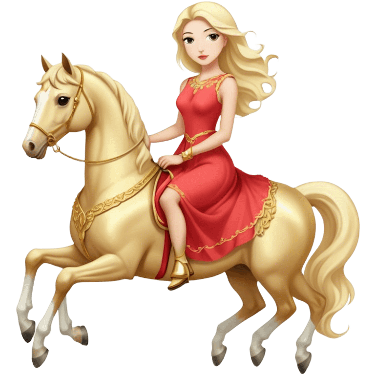 "woman, in long slim pastel red", rides "horse gold and white" emoji