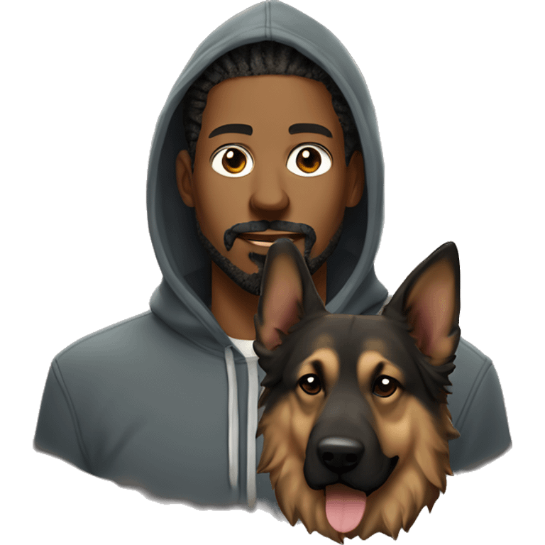 man with dreadlocks, mustache and goatee dressed in a hoodie alongside a brindle colored german shepherd dog emoji