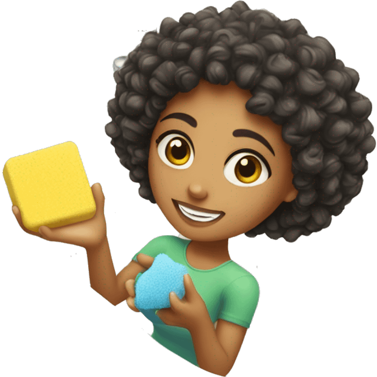 Mixed girl with curly hair holding sponge over sink emoji