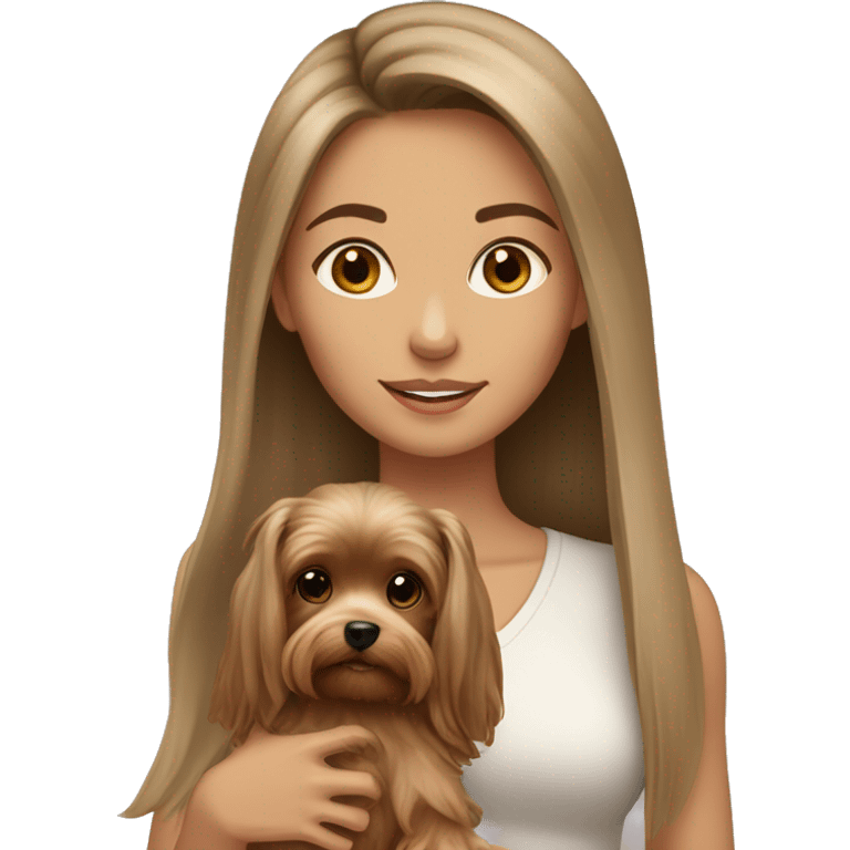 Brunette long hair light tan girl with beige yorkie puppy emoji