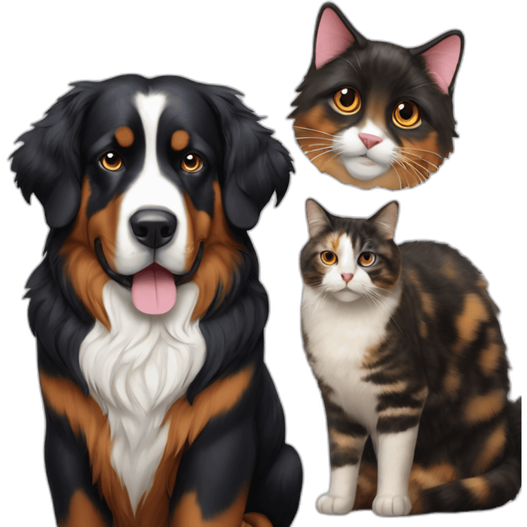 A Bernese dog next to A tortoiseshell cat without white emoji