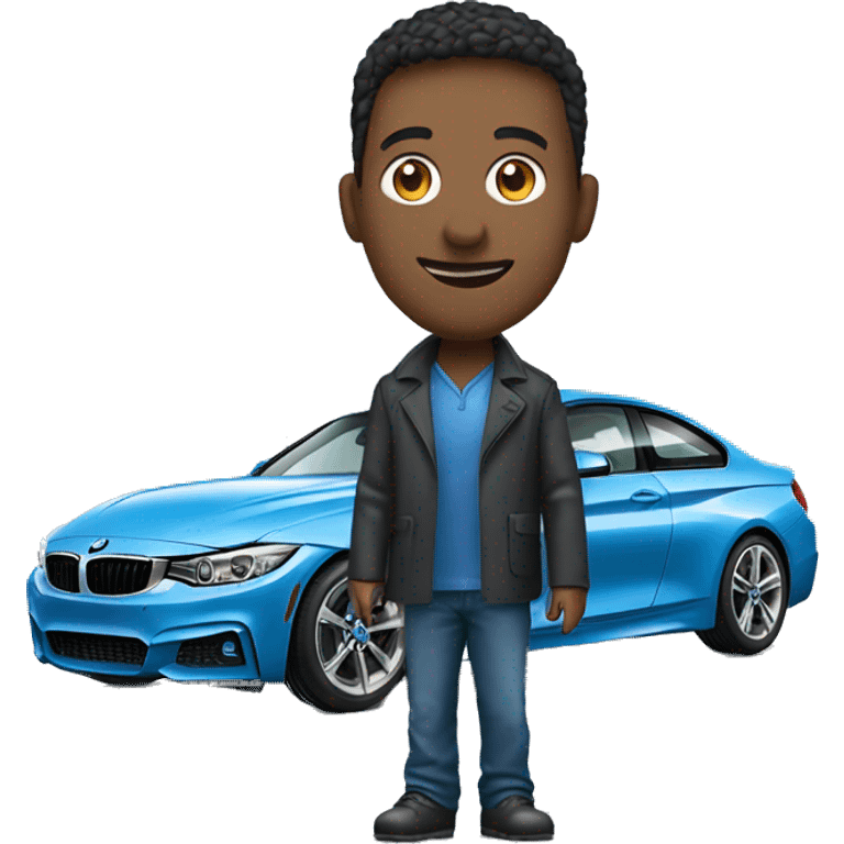 One man in glass standing near blue bmw 4 emoji