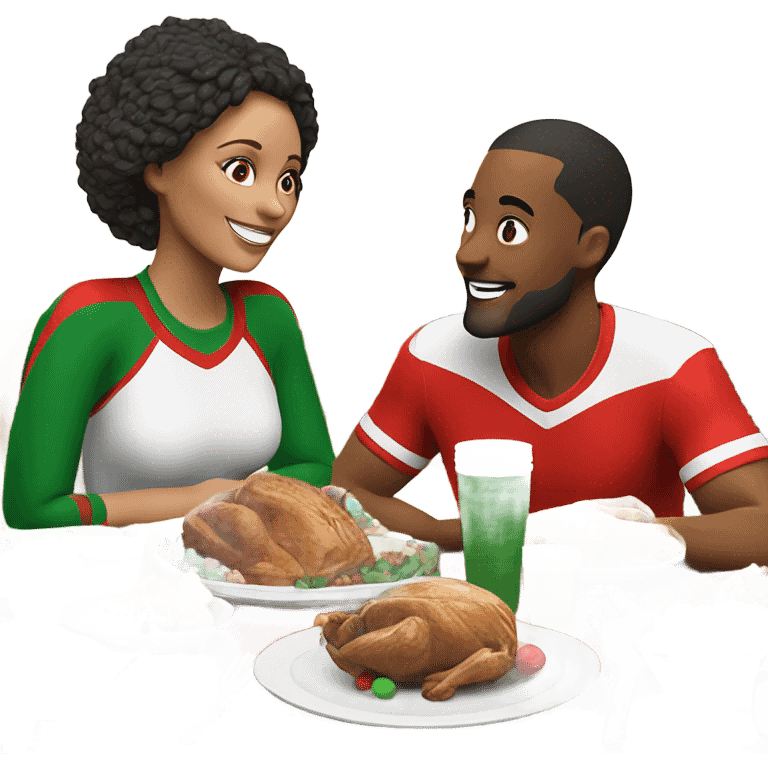 emoji Sporty white couple, man and woman in sportswear, sitting at Christmas holiday dinner table emoji