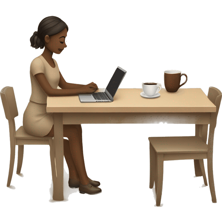 A girl at a table with a laptop. A a cup of coffee on the left side of the table. Books on the right side of the table. in beige tones emoji