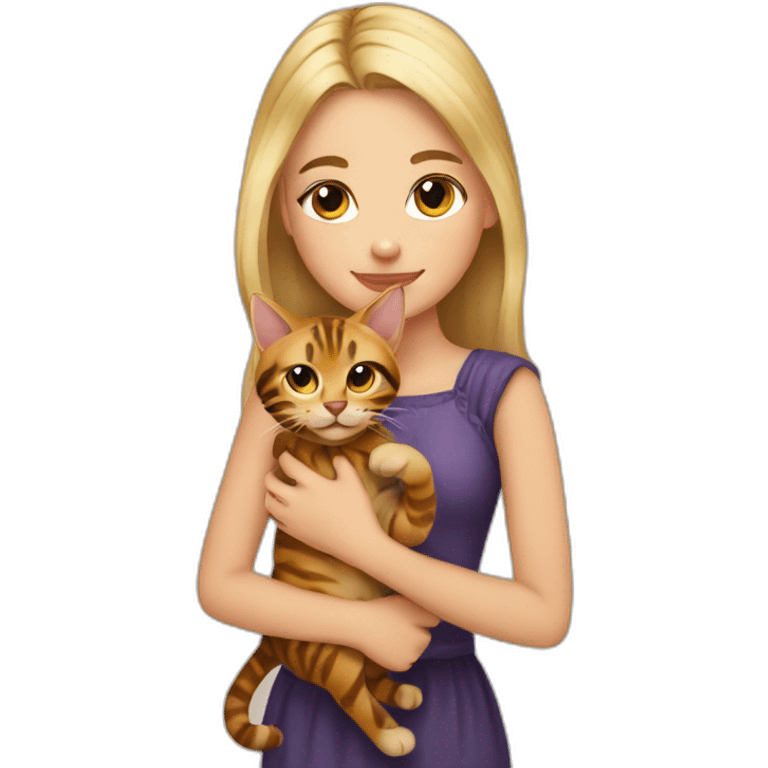 beautiful blonde girl holding a cat of bengal origin in her arms emoji