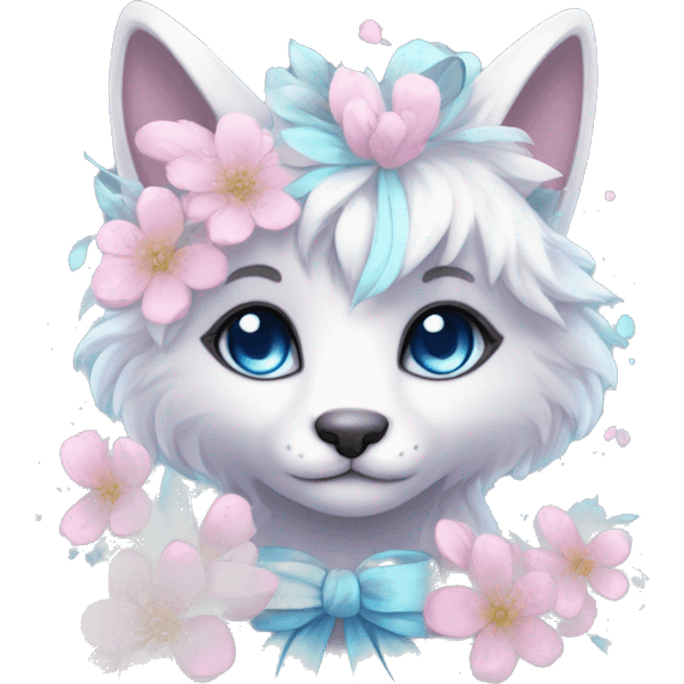 Anthro Cute Cool Pastel Kawaii gorgeous sparkly ethereal fantasy animal creature with blue eyes furry sona with flowers and ribbons beautiful aesthetic emoji