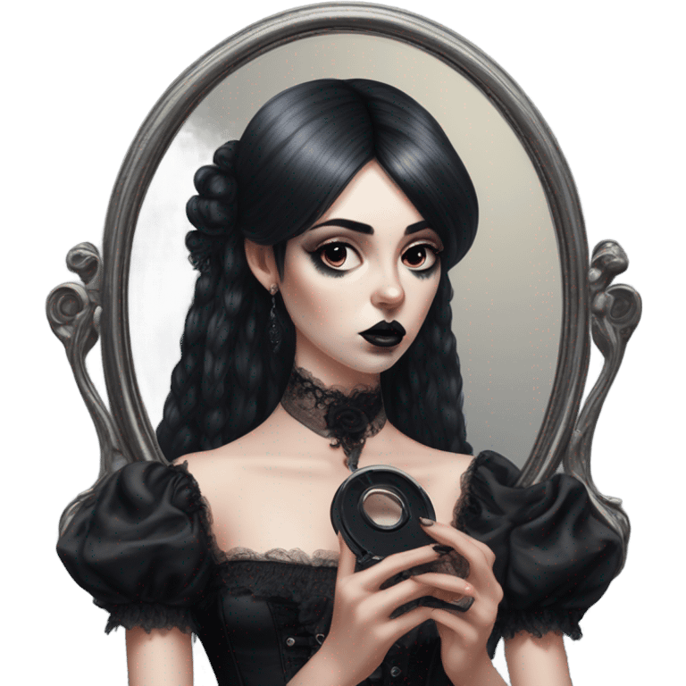 Hyper Realistic Goth victoria secret model looking into a handheld mirror  emoji