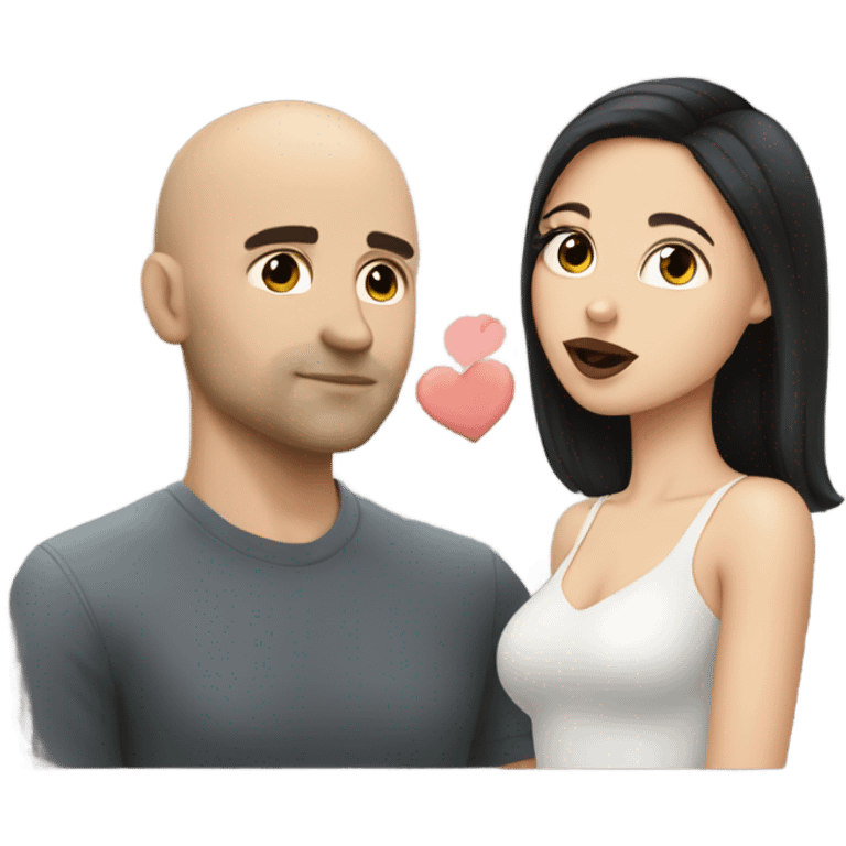 White girl dark hair kissing mixed bald man emoji