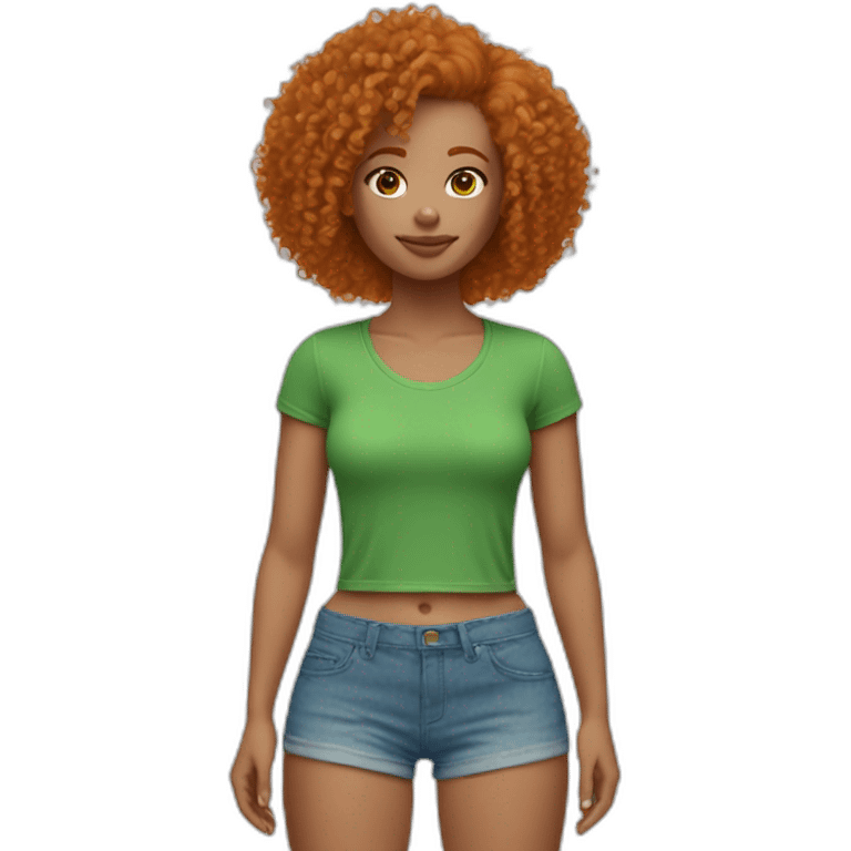 Curly Ginger woman, green crop top, blue shorts, light skin emoji