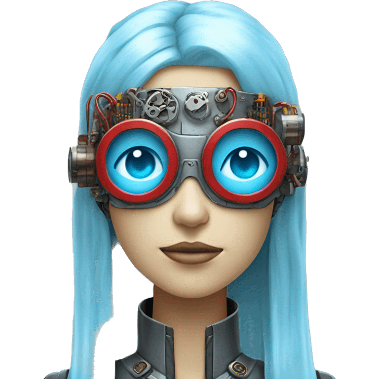 Light blue long hair female cyborg head with red steampunk goggles and circuits emoji