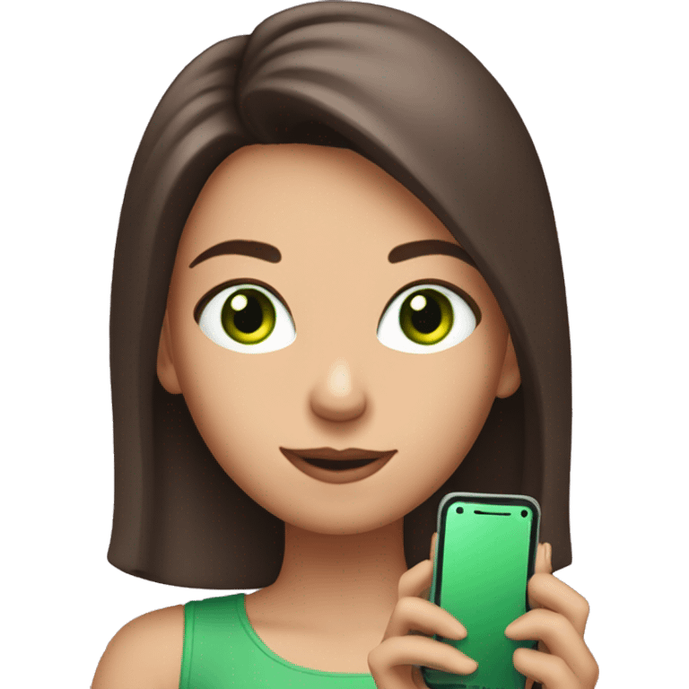 Brunette girl with a pink lock of hair, with green eyes, holding a phone emoji