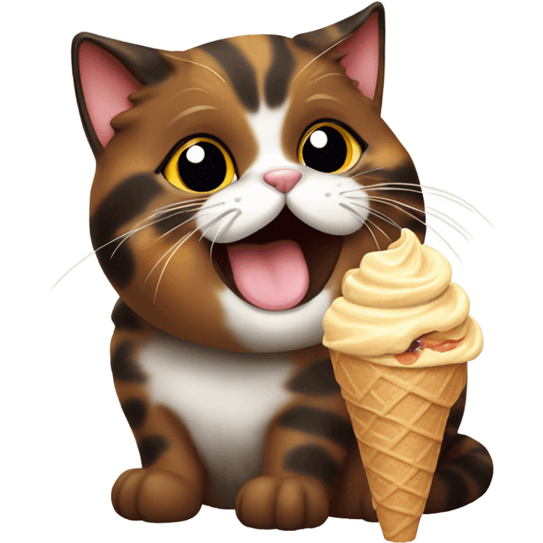 Cute fat tortoiseshell cat eating ice cream emoji