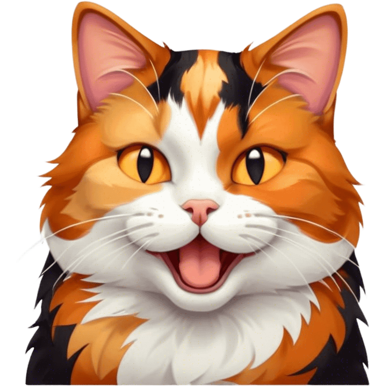 Cinematic Cute Yawning Calico Cat Portrait Emoji, Head tilted mid-yawn with a charming, relaxed expression, showcasing a soft patchwork fur of vibrant orange, black, and white, simplified yet irresistibly adorable, highly detailed, glowing with a cozy, gentle radiance, high shine, exuding sleepy yet endearing charm, styled with a soft glowing outline, capturing the essence of a calico cat caught in a delightful yawn that seems ready to cuddle up for a nap! emoji