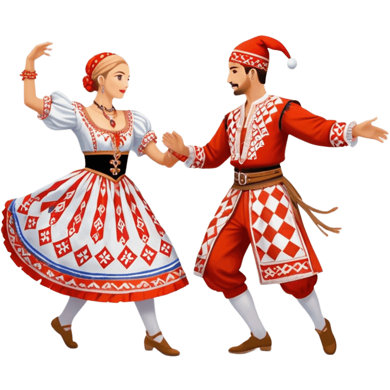 Cinematic Realistic scene of two performers engaging in the Croatian Linđo folk dance, adorned in vibrant traditional costumes with intricate patterns and accessories, captured in graceful, synchronized motion under festive natural lighting. emoji