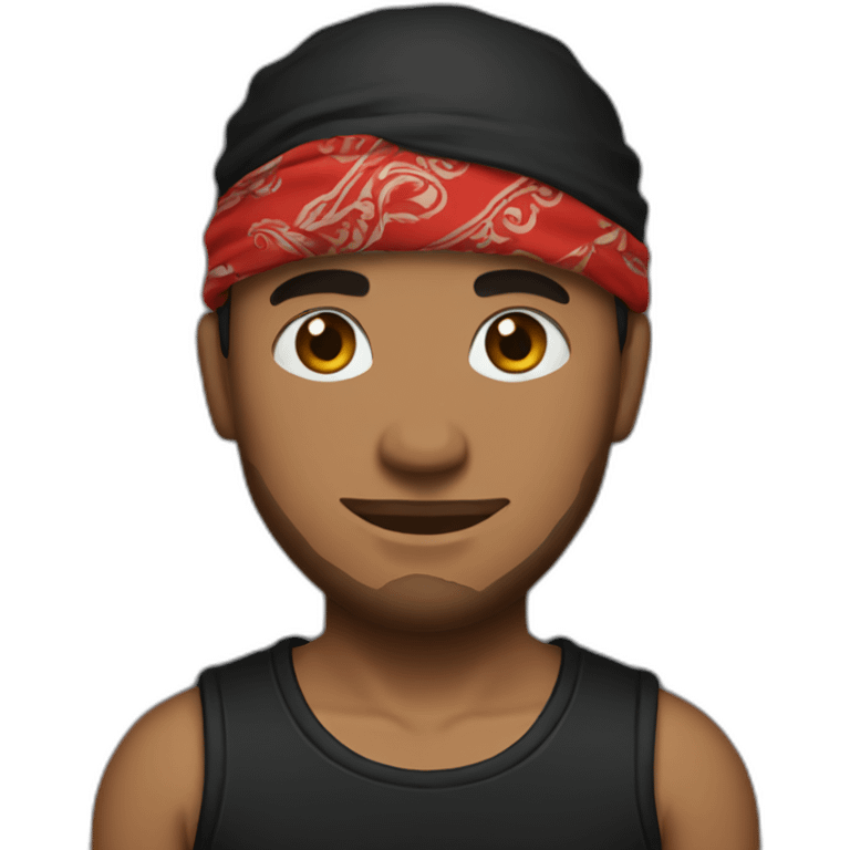 A man with tattoos in a black T-shirt and a red bandana emoji