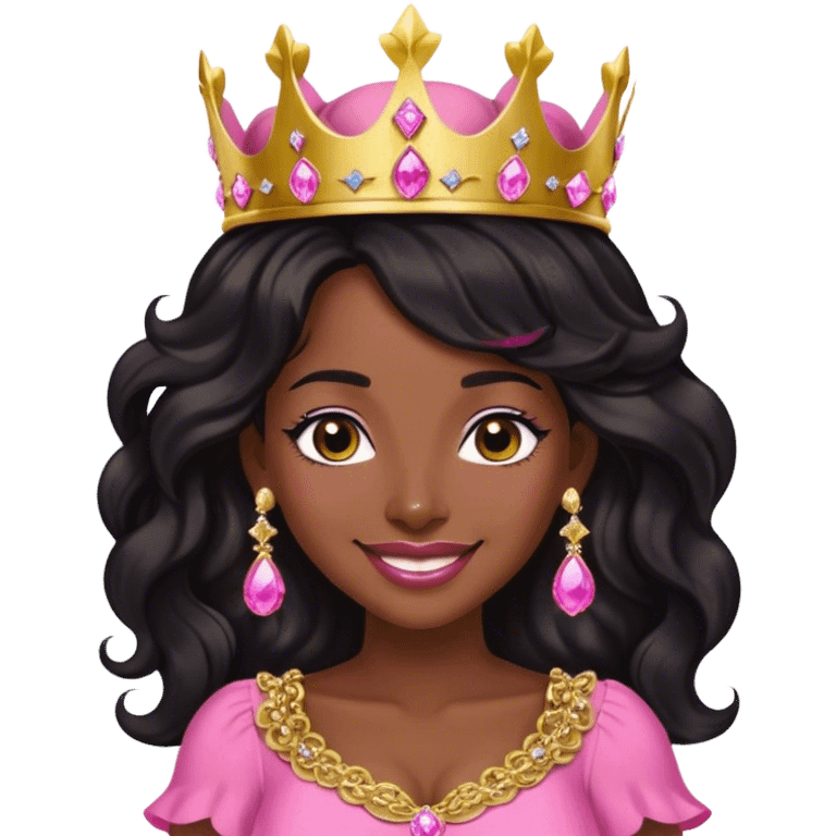 Crown dark black women smiling with really longer lightly WAVY hair pink dress pink crown facing forward black hair middle age adult woman gold gems in crown gold earrings  one woman smiling wink head only emoji