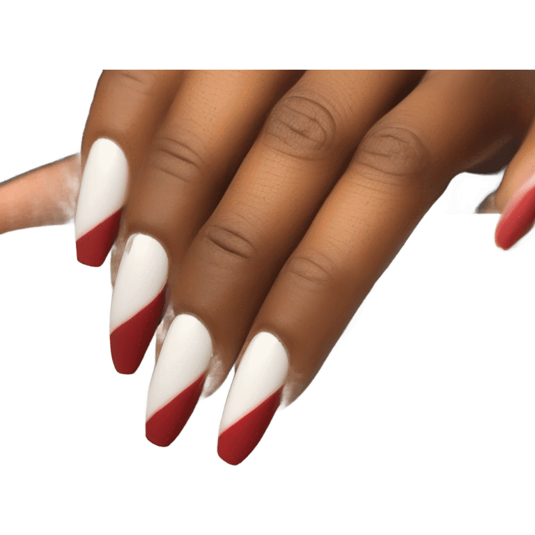 Long red and white acrylic nails on medium skin ton emoji