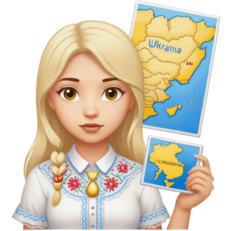 A Ukrainian girl in a white embroidered shirt holds a map of Ukraine emoji